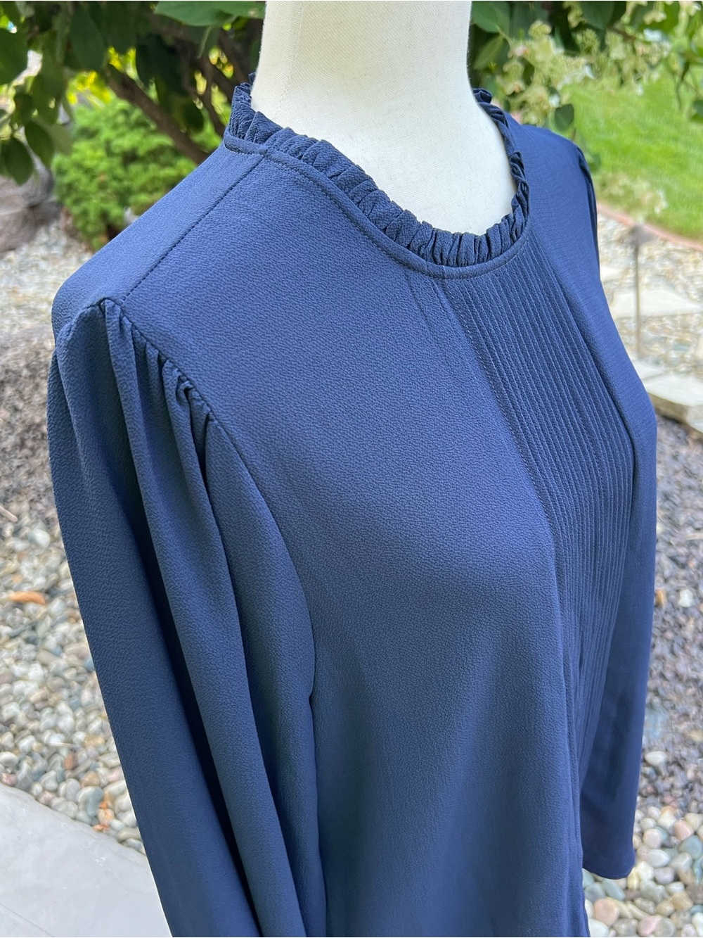 CeCe Dark Navy Pintuck Ruffle-Neck Long Sleeve Blouse - Picture 4 of 14